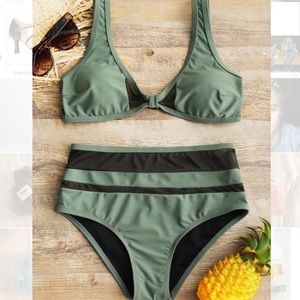 Green Sheer Mesh Insert High Waisted Bikini